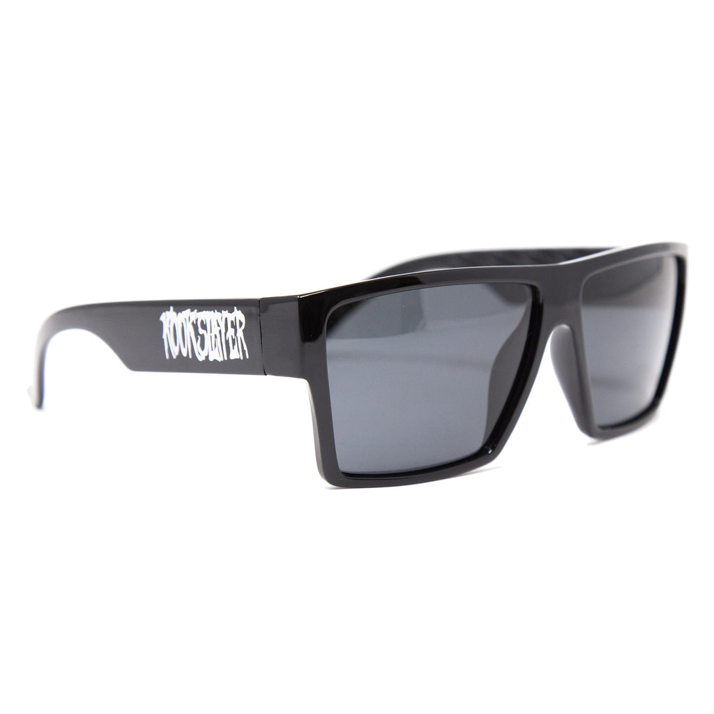 Kookslayer sunglasses with Kookslayer lettering on the arm — angled, from the front