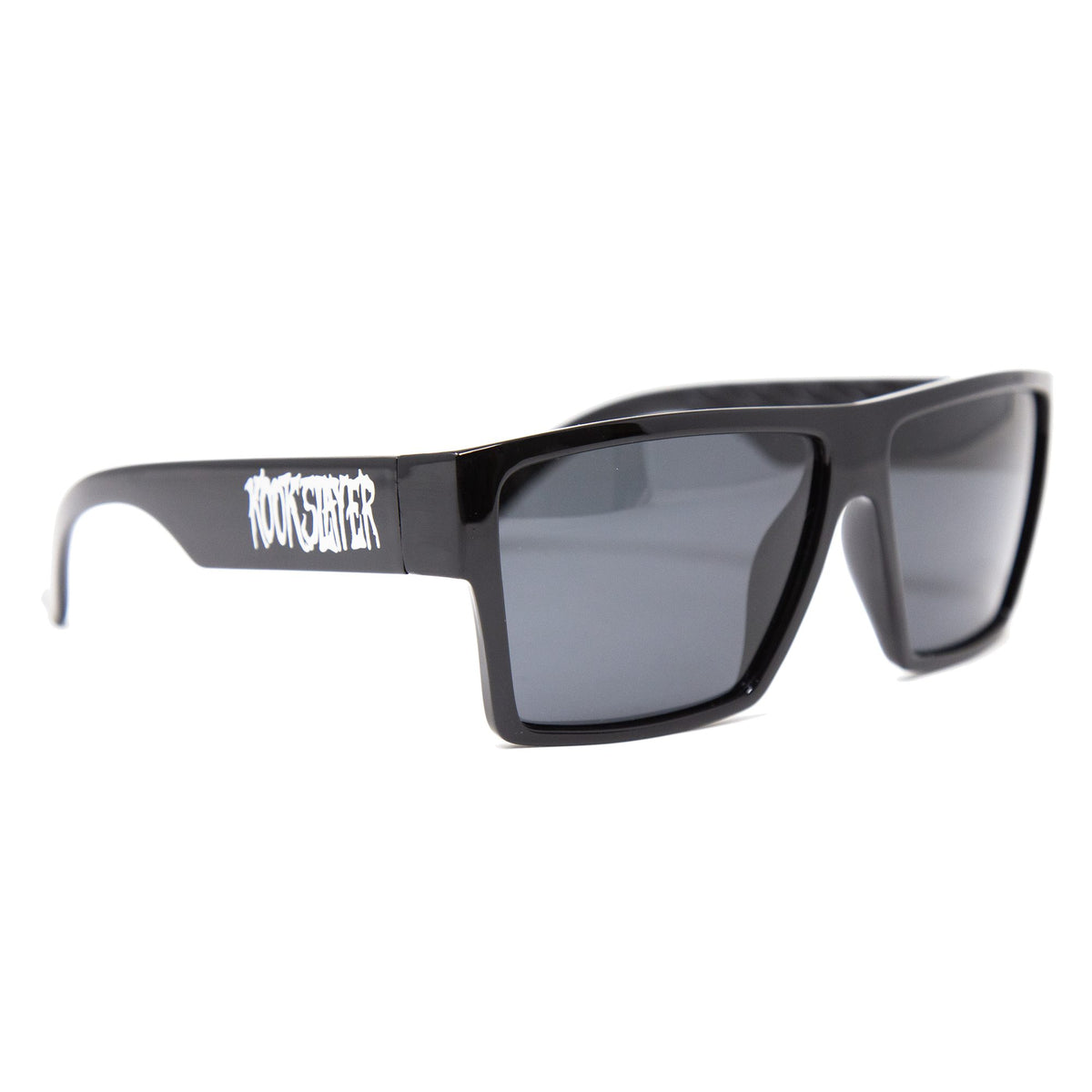Kookslayer sunglasses with Kookslayer lettering on the arm — angled, from the front