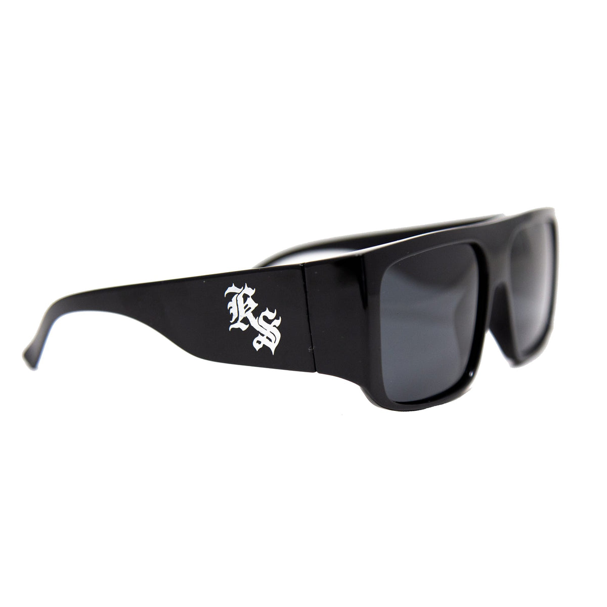Kookslayer sunglasses, square flat-top frame with the KS monogram on the arm — angled