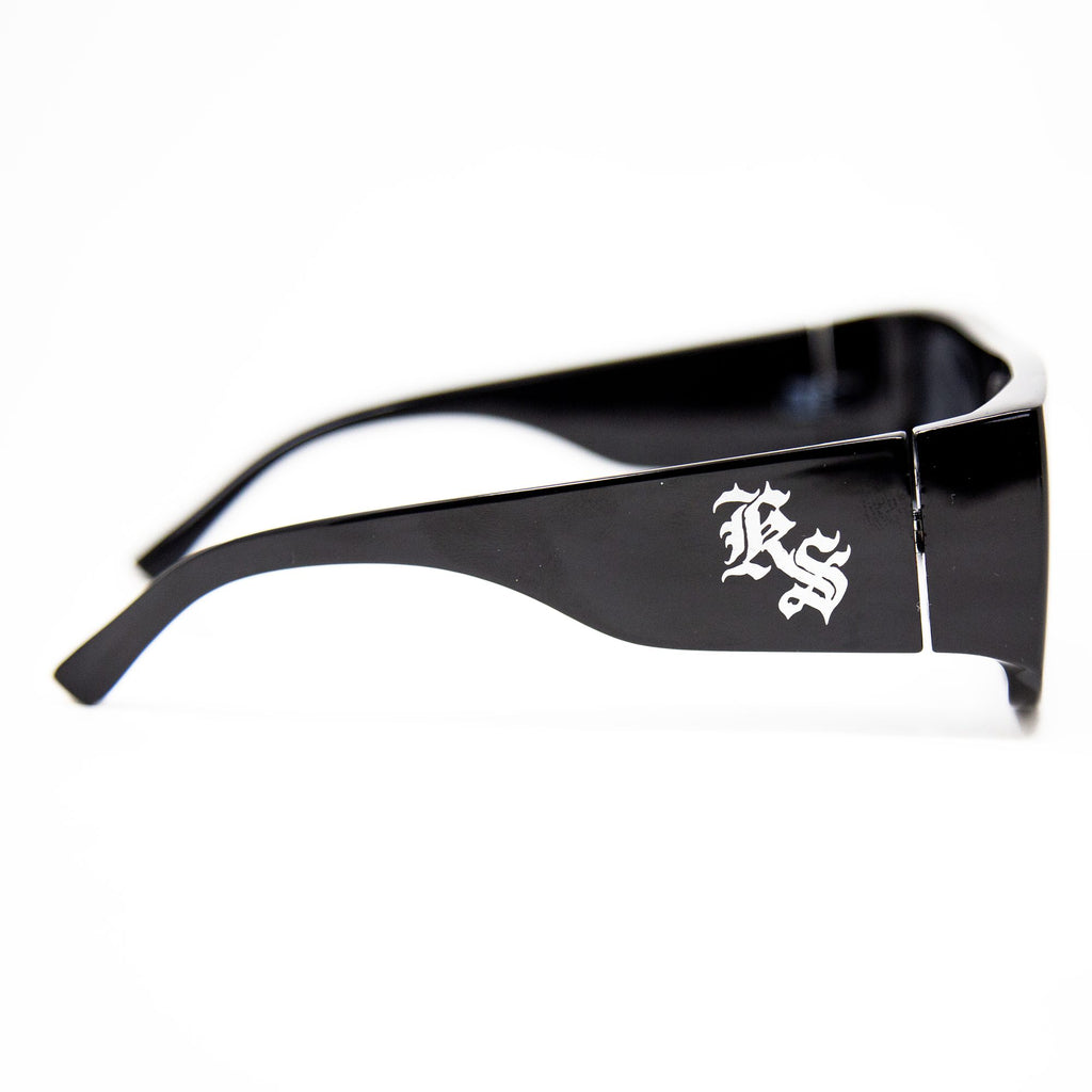 Kookslayer sunglasses, square flat-top frame with the KS monogram on the arm — side