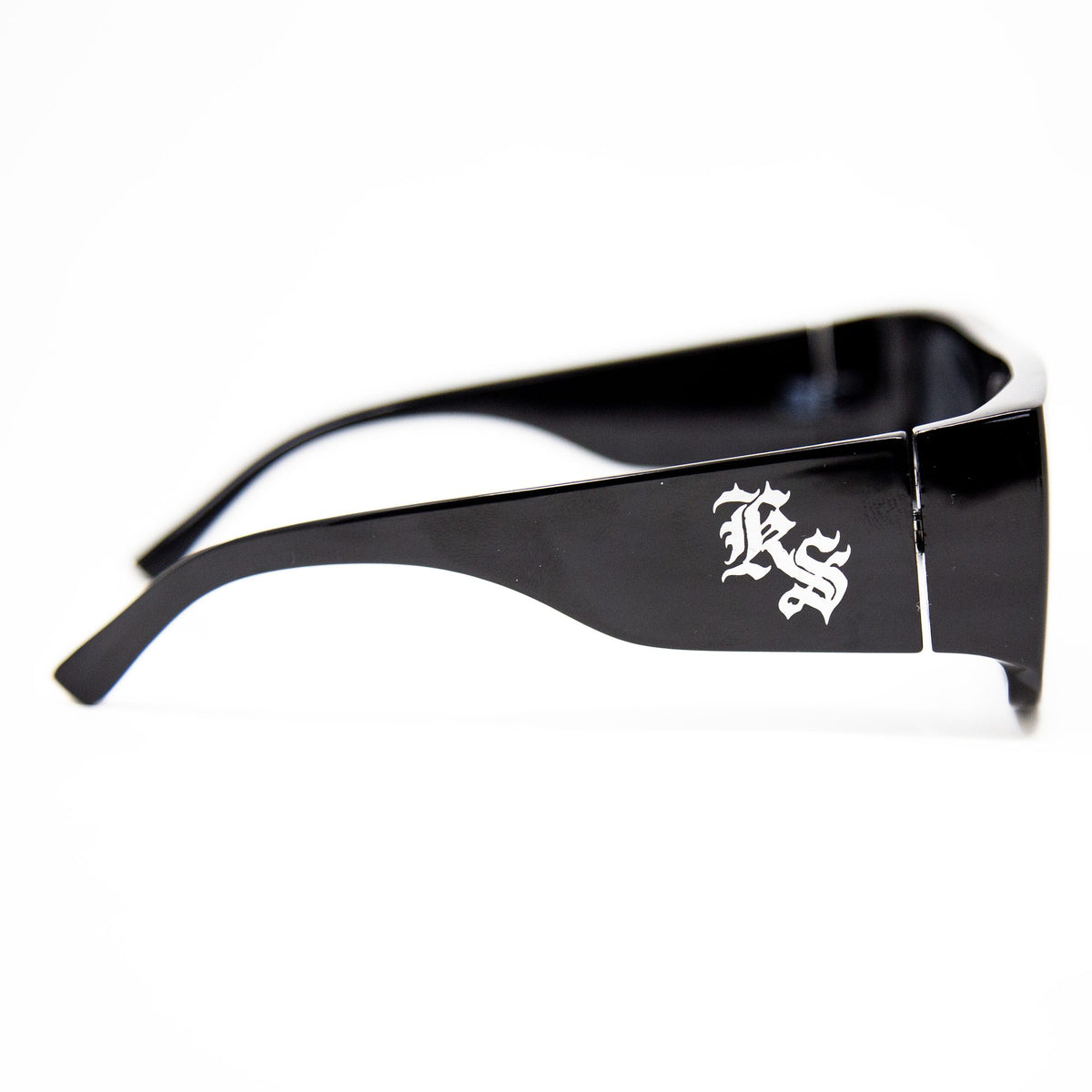Kookslayer sunglasses, square flat-top frame with the KS monogram on the arm — side